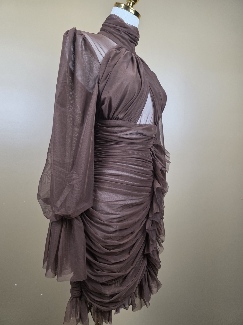Brown Ruching & Ruffle High-Neck Mini Dress - Picture 5 of 6